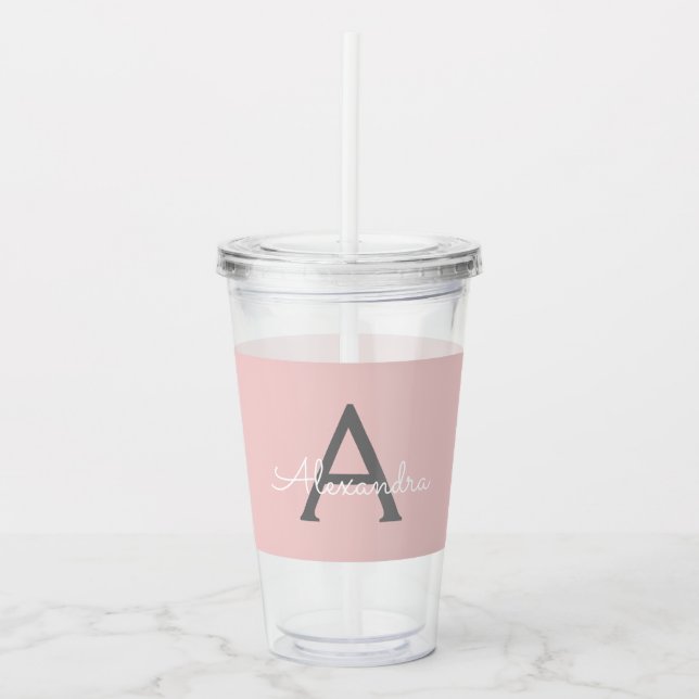 Blush Pink Grey Modern Script Girly Monogram Name Acrylic Tumbler (Front)