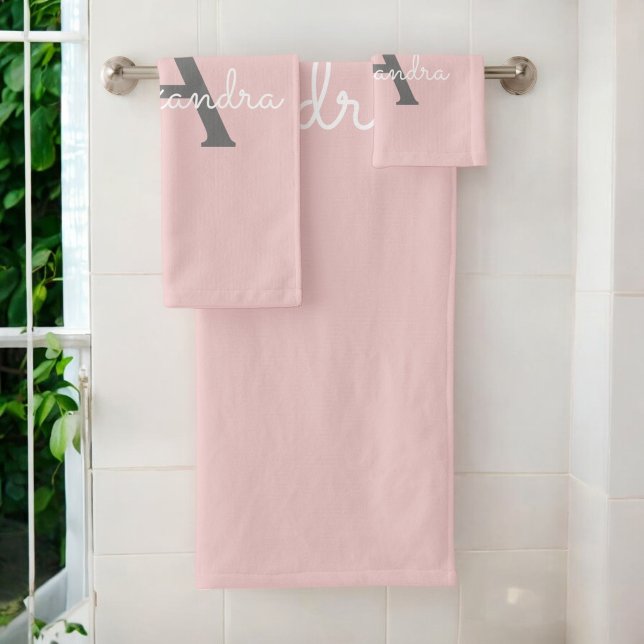 Blush Pink Grey Modern Script Girly Monogram Name Bath Towel Set (Creator Uploaded)