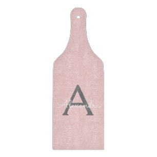 Blush Pink Grey Modern Script Girly Monogram Name Cutting Board
