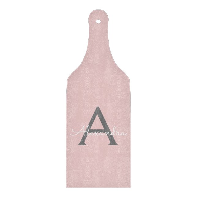 Blush Pink Grey Modern Script Girly Monogram Name Cutting Board (Front)