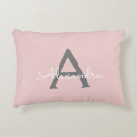 Blush Pink Grey Modern Script Girly Monogram Name Decorative Cushion<br><div class="desc">Blush Pink and Grey Script Monogram Name and Initial Pillow. The pillow makes the perfect sweet 16 birthday,  wedding,  bridal shower,  baby shower or bachelorette party gift for someone decorating her room in rose gold.</div>