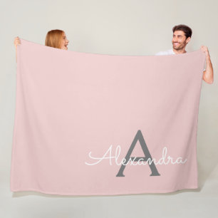 Blush Pink Grey Modern Script Girly Monogram Name Fleece Blanket