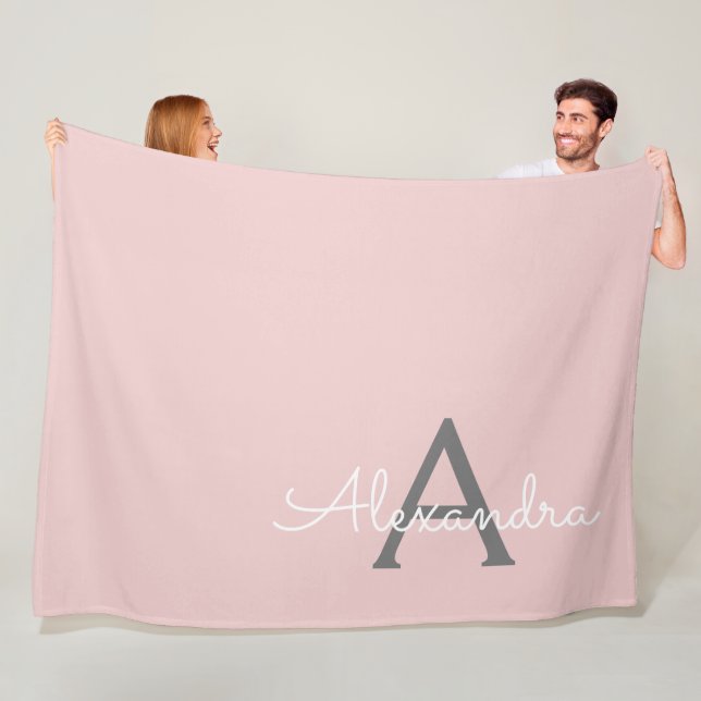 Blush Pink Grey Modern Script Girly Monogram Name Fleece Blanket (In Situ)