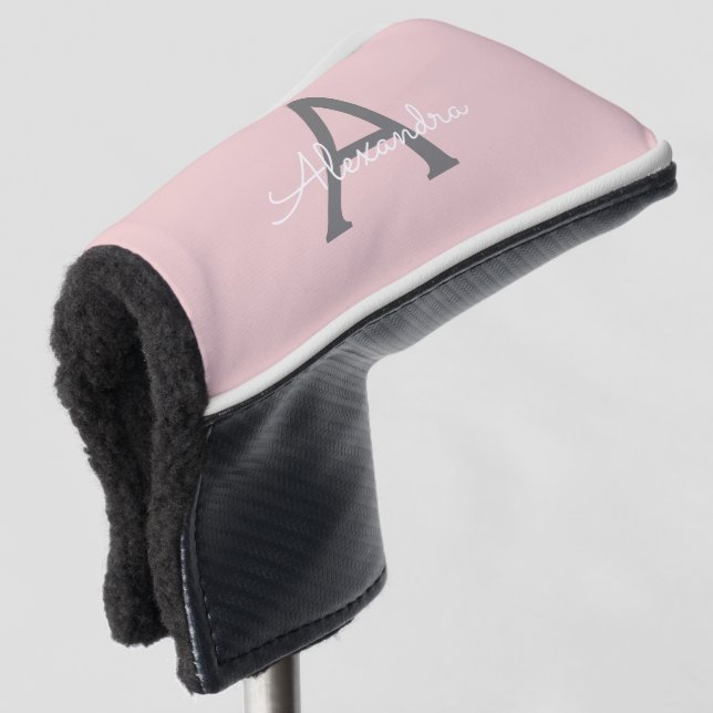 Blush Pink Grey Modern Script Girly Monogram Name Golf Head Cover (3/4 Front)