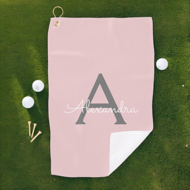 Blush Pink Grey Modern Script Girly Monogram Name Golf Towel (Creator Uploaded)