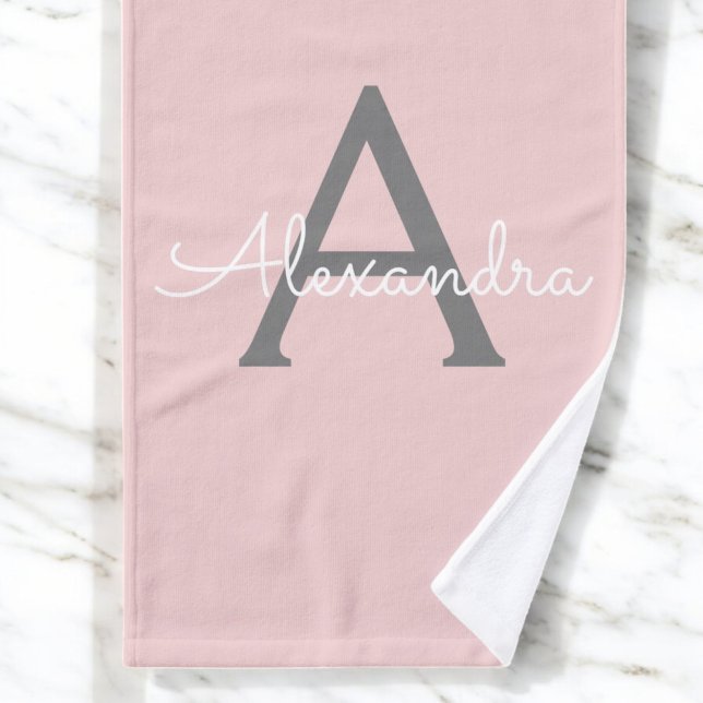 Blush Pink Grey Modern Script Girly Monogram Name Hand Towel (Creator Uploaded)