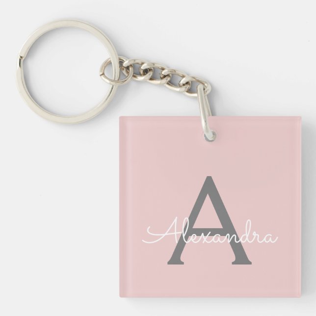 Blush Pink Grey Modern Script Girly Monogram Name Key Ring (Front)