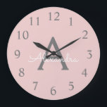 Blush Pink Grey Modern Script Girly Monogram Name Large Clock<br><div class="desc">Blush Pink and Grey Simple Script Monogram Name Clock. This makes the perfect sweet 16 birthday,  wedding,  bridal shower,  anniversary,  baby shower or bachelorette party gift for someone that loves glam luxury and chic styles.</div>