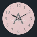 Blush Pink Grey Modern Script Girly Monogram Name Large Clock<br><div class="desc">Blush Pink and Grey Simple Script Monogram Name Clock. This makes the perfect sweet 16 birthday,  wedding,  bridal shower,  anniversary,  baby shower or bachelorette party gift for someone that loves glam luxury and chic styles.</div>