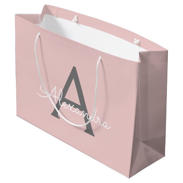 Blush Pink Grey Modern Script Girly Monogram Name Large Gift Bag (Back Angled)