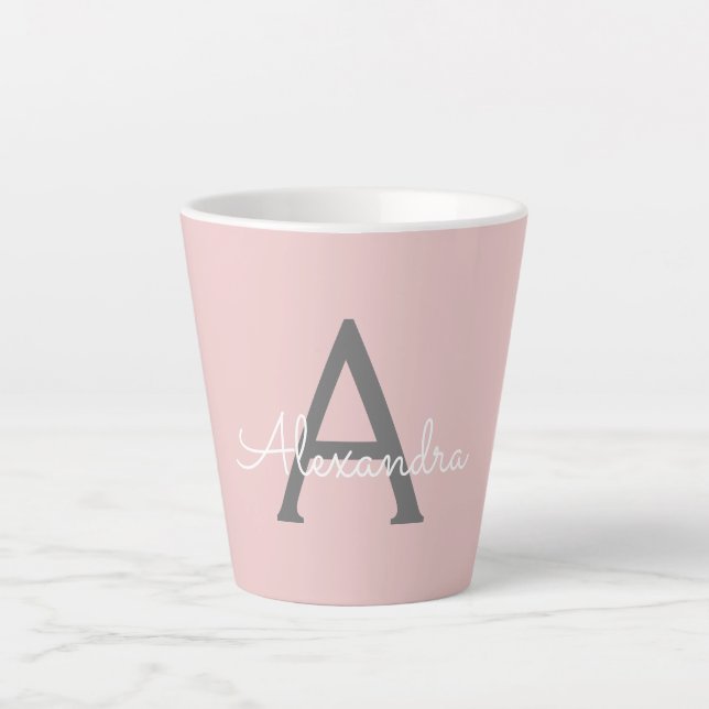 Blush Pink Grey Modern Script Girly Monogram Name Latte Mug (Front)