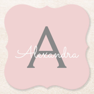 Blush Pink Grey Modern Script Girly Monogram Name Paper Coaster
