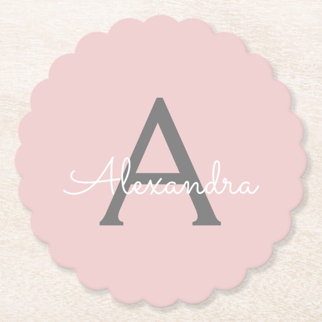 Blush Pink Grey Modern Script Girly Monogram Name Paper Coaster (Front)