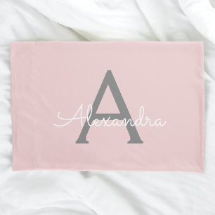 Blush Pink Grey Modern Script Girly Monogram Name Pillowcase