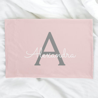 Blush Pink Grey Modern Script Girly Monogram Name Pillowcase