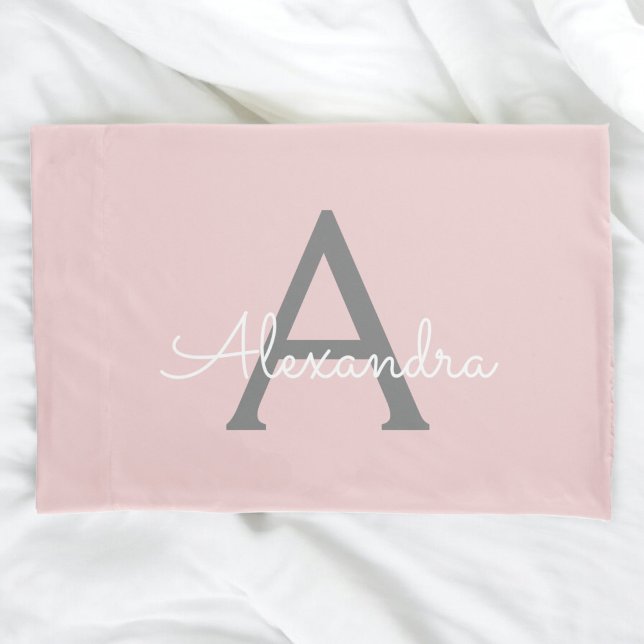 Blush Pink Grey Modern Script Girly Monogram Name Pillowcase (Creator Uploaded)