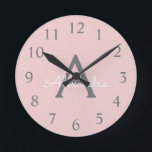 Blush Pink Grey Modern Script Girly Monogram Name Round Clock<br><div class="desc">Blush Pink and Grey Simple Script Monogram Name Clock. This makes the perfect sweet 16 birthday,  wedding,  bridal shower,  anniversary,  baby shower or bachelorette party gift for someone that loves glam luxury and chic styles.</div>