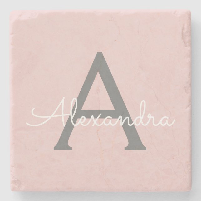 Blush Pink Grey Modern Script Girly Monogram Name Stone Coaster (Front)