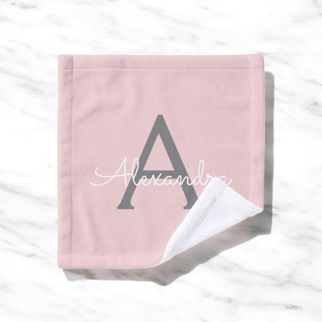 Blush Pink Grey Modern Script Girly Monogram Name Wash Cloth (Creator Uploaded)