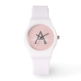 Blush Pink Grey Modern Script Girly Monogram Name Watch