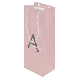 Blush Pink Grey Modern Script Girly Monogram Name Wine Gift Bag