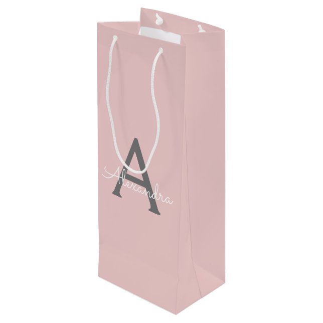 Blush Pink Grey Modern Script Girly Monogram Name Wine Gift Bag (Back Angled)