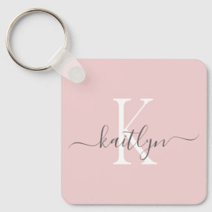 Blush Pink Grey Name Initial Monogram Key Ring
