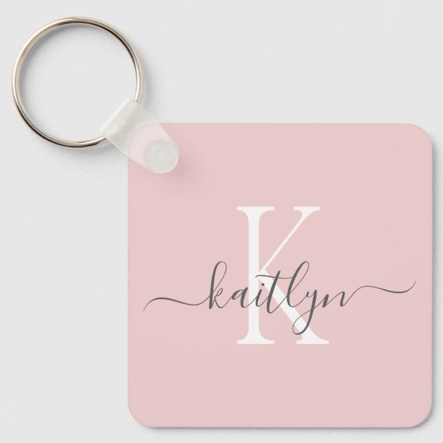 Blush Pink Grey Name Initial Monogram Key Ring (Front)