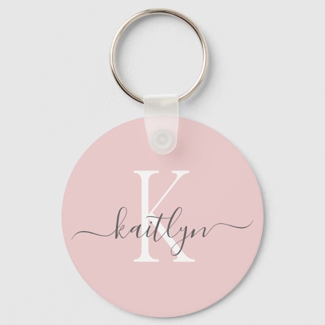 Blush Pink Grey Name Initial Monogram Key Ring (Front)