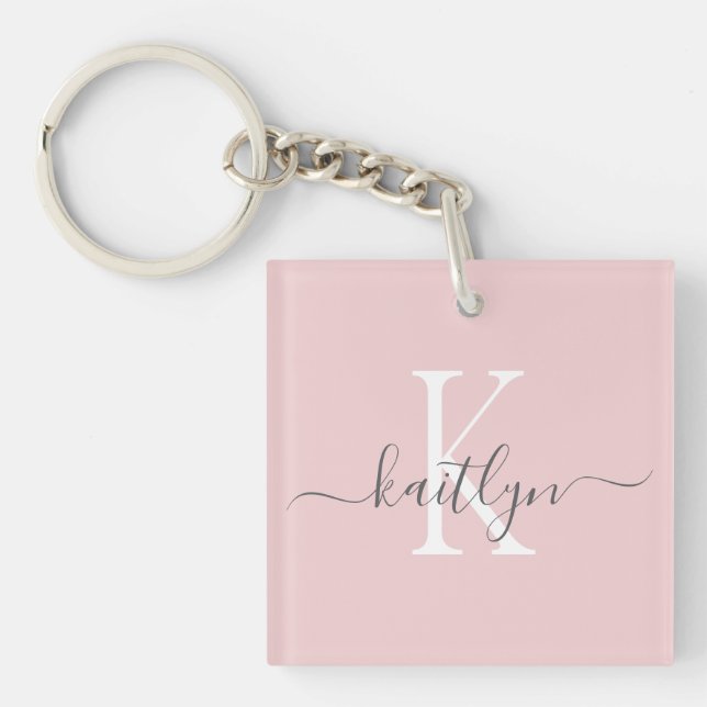 Blush Pink Grey Name Initial Monogram Key Ring (Front)