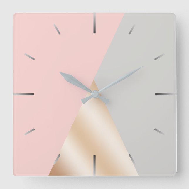 Blush pink, grey & rose gold geometric triangles square wall clock (Front)