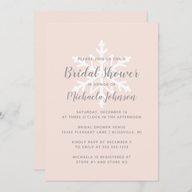Blush Pink Grey Snowflake Winter Bridal Shower Invitation (Front/Back)