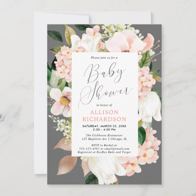 Blush pink grey spring floral girl baby shower invitation (Front)