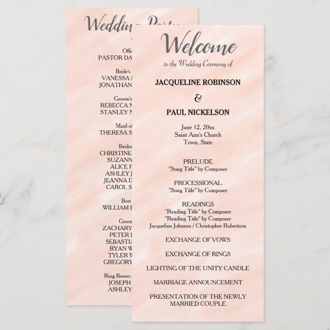 Blush Pink Grey Watercolor Wedding Program Programme (Front/Back)