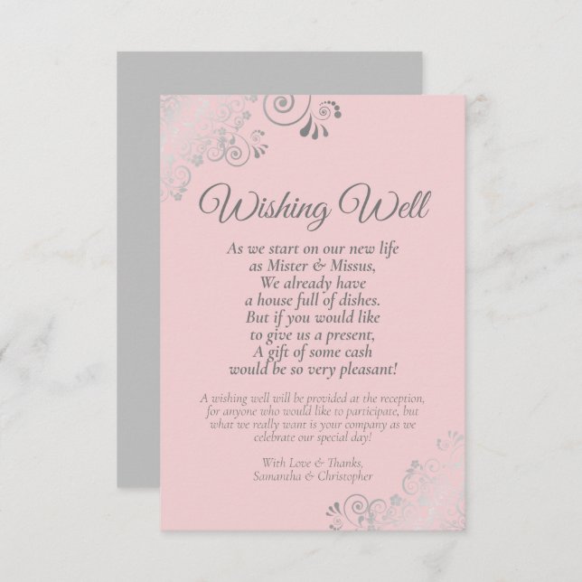 Blush Pink & Grey Wedding Wishing Well Poem Enclosure Card (Front/Back)