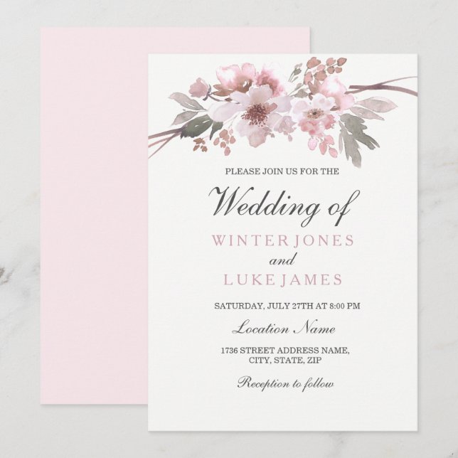 Blush Pink & Grey Winter Floral Wedding Invitation (Front/Back)