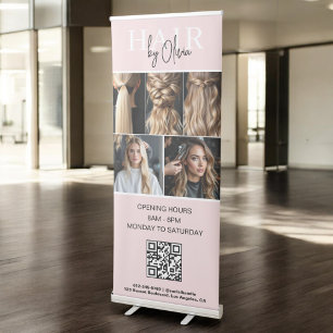 Blush Pink Hair Salon QR Code Monogram Photo Retractable Banner