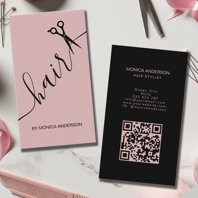 Blush Pink Hair Script Stylist Scissors QR Code Business Card (Blush Pink Hair Script Stylist Scissors QR Code Vertical Business Card)