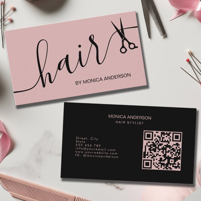 Blush Pink Hair Script Stylist Scissors QR Code Business Card (Blush Pink Hair Script Stylist Scissors QR Code Business Card)