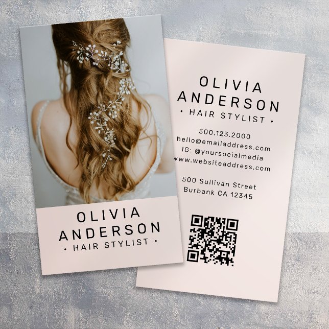 Blush Pink Hair Stylist Photo QR Code Business Card (Creator Uploaded)