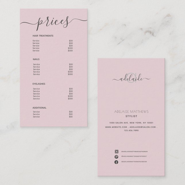 Blush Pink Hair Stylist Price List Service Menu Business Card (Front/Back)