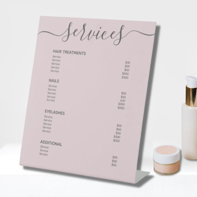 Blush Pink Hair Stylist Price List Service Menu Pedestal Sign (Creator Uploaded)