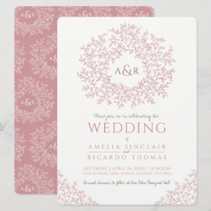 Blush pink hand drawn leaf monogram art wedding invitation