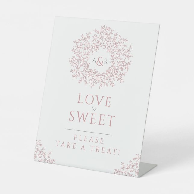 Blush pink hand drawn leaf monogram wedding sweet pedestal sign (Front)