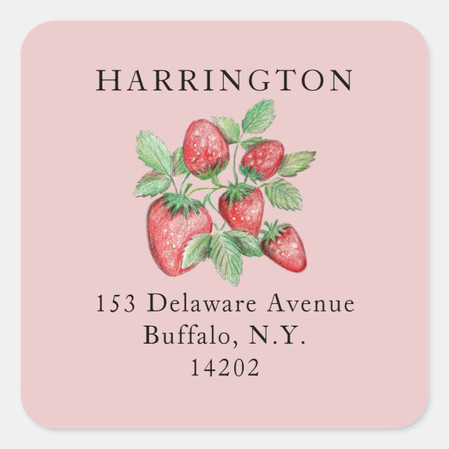 Blush Pink Hand-Drawn Strawberry Return Address Square Sticker (Front)