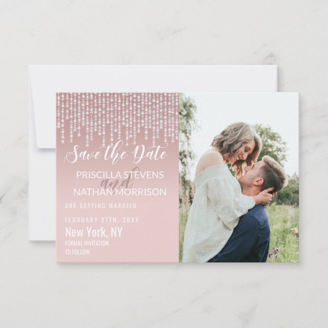 Blush Pink Hanging Diamond Lights Save the Date (Front)