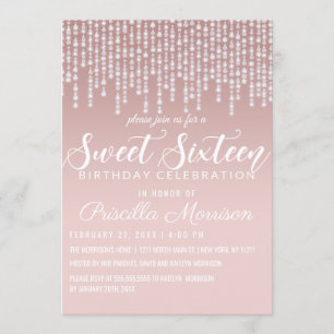 Blush Pink Hanging Diamond Lights Sweet 16 Invitation