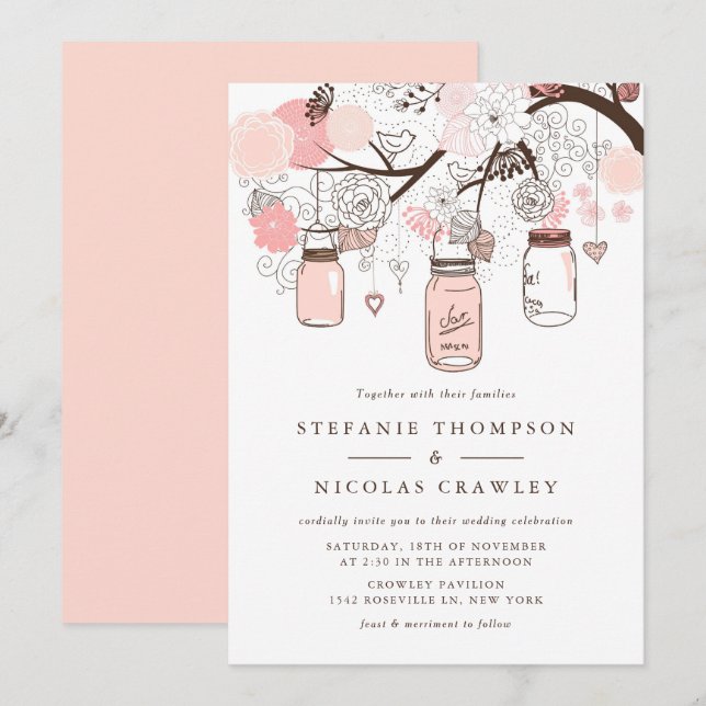Blush Pink Hanging Mason Jars Wedding Invitation (Front/Back)