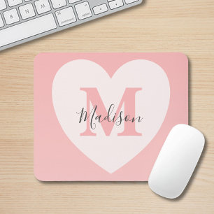 Blush Pink Heart Custom Monogram Name  Mouse Mat