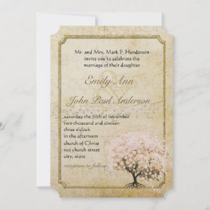 Blush Pink Heart Leaf Rose Gold Wedding Invitation